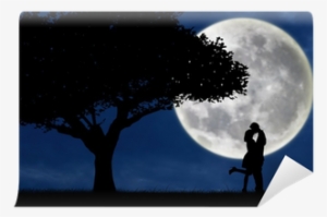 Couple Kissing By A Tree On Blue Full Moon Silhouette - Moon