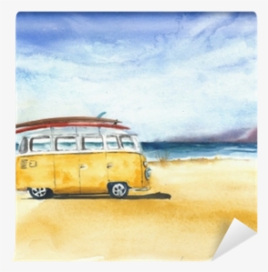 Beach Landscape Minivan Surfboards Yellow Bus Travel - Watercolor Painting