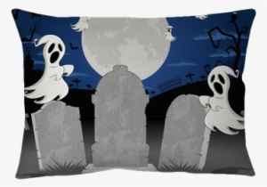 Halloween Cemetery With Tombs And Cartoon Ghost Character - Cemitério Em Desenho Animado
