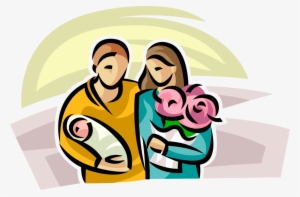 Vector Illustration Of Proud Parents With Newborn Infant - Illustration