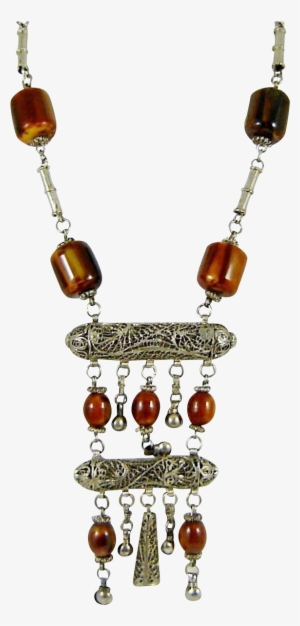 Vintage Tribal Bakelite Necklace Amber Silver Bells
