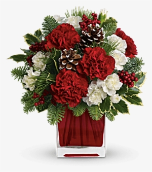 Holiday Cube With Carnationsand Christmas Greens - Christmas Bouquet Of Flowers