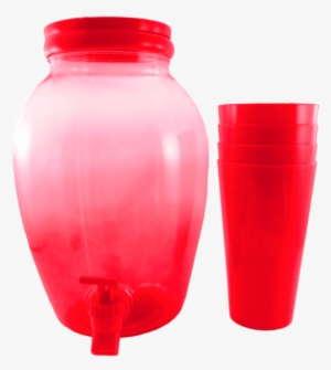 Translucent Red Beverage Dispenser With Tumbler Cups - Plastic Bottle