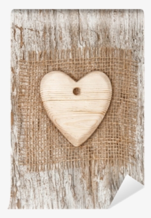 Wooden Heart With Burlap Textile On The Old Wood Wall - Heart
