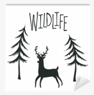 Wildlife Print Design With Deer And Pine Trees - Illustration