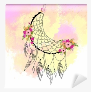 Boho Style Hand Drawn Dream Catcher With Ethnic Floral - Cuadros De Atrapa Sueños