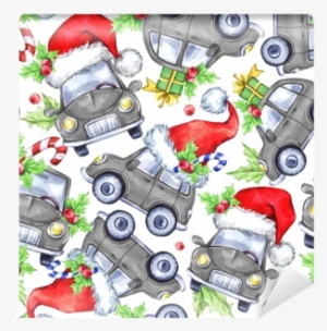 Watercolor Seamless Pattern With Cartoon Holidays Cars, - Illustration