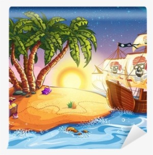 Illustration Of Treasure Island And Pirate Ship Wall - Free Vector Cartoon Eps File Download