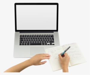 Top Shot Macbook Png Mockup Featuring A Woman Writing - Hands On Laptop Png