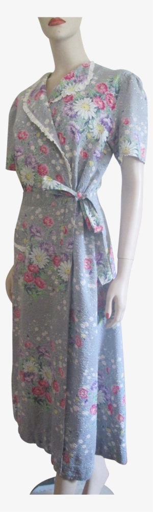 Feedsack Dress Vintage 1930s Grey Floral Lace Trim - Paisley