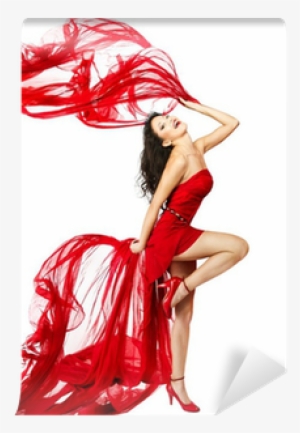 Woman In Red Dress Dancing With Fabric Flying On A - Dress