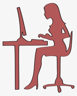 Silhouette Of Woman Sitting At Computer Desk Vector - Silhouette Woman On Computer