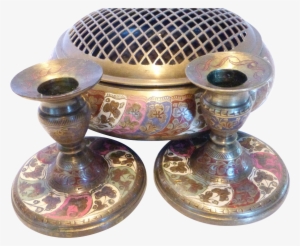 Vintage Etched & Enameled Brass Bowl W Flower Frog - Brass