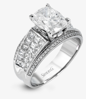 18k White Gold Wide Band Contemporary Engagement Ring - Princess Cut Diamond Ring With Wide Band