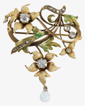 Art Nouveau 14k Yellow Gold Diamond, Opal, And Enamel - Art Nouveau Jewelry Flowers