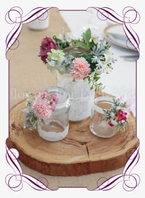 Set Of 3 Pink & White Rustic Floral Jar Centerpiece - Centrepiece