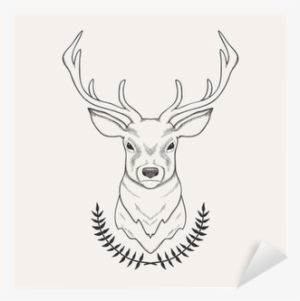 Vector Hand Drawn Illustration Of Deer And Laurel Sticker - Deer Head Sketch
