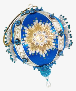 Blue White Gold Pin Beaded Sunburst Christmas Ornament