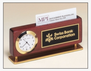 Rosewood Stained Piano Finish Combination Clock And - Logo Business Card Holder Desk