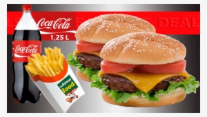 Two Cheese Burgers With Fries And Cola - Coca Cola