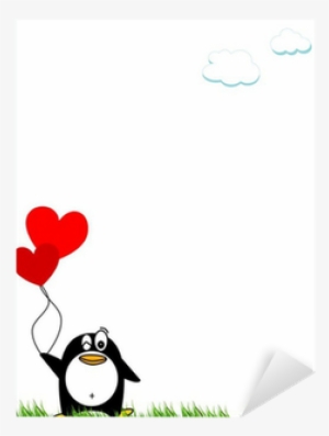 Penguin Bird With Heart Shaped Balloons, Vector Sticker - Balloon