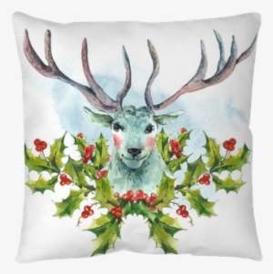 Watercolor Greeting Card, Snow White Deer With Holly
