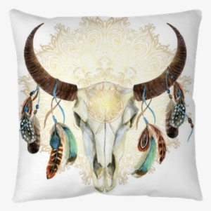 Watercolor Cow Skull With Feathers Floor Pillow • Pixers® - Steer Skull With Feathers