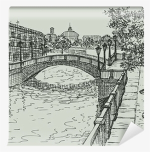 Classic Houses And The Bridge On The River Wall Mural - Dibujos A Lapiz De Paisajes De Paris