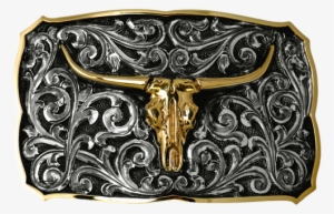 14k Yellow Skull And Border, Scrolls - Gürtelschließe Trachtig 4,0 Cm