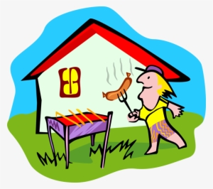 Vector Illustration Of Outdoor Chef Cooks Hotdog On - Barbecue