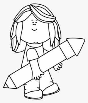 Pencil - Girl Holding Big Pencil Black White Png