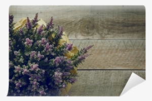 Heather Flowers Over Rustic Wooden Background - Plank