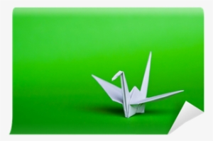 A White Origami Crane On A Green Background Wall Mural - Origami Bird