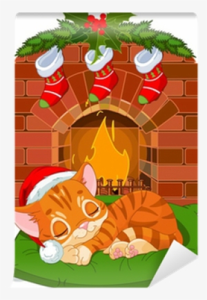 Christmas Kitten Sleeping Near Fireplace Wall Mural