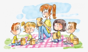 A Group Of Children Pray Before Eating A Picnic Lunch - Eating