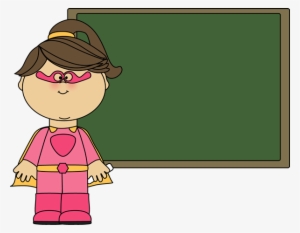 Superhero Girl At Chalkboard - Chalkboard Teacher Clipart