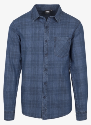 Printed Check Denim Shirt Men Longsleeve Blue 100% - Shirt