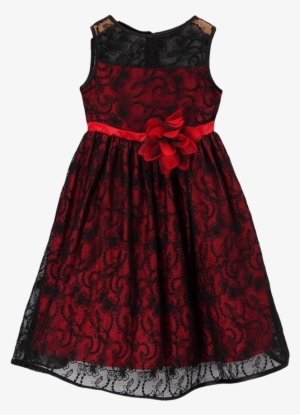 Red Satin With Black Floral Lace Overlay Occasion Dress