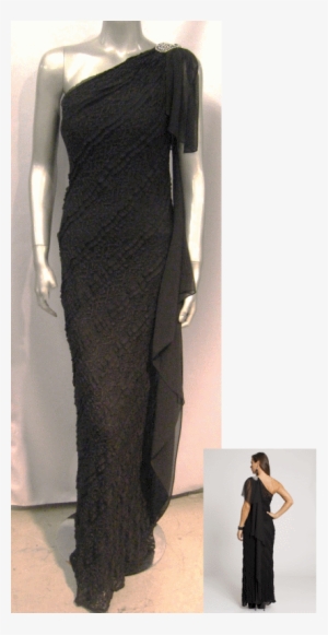 Long One-shoulder Lace Dress With Cascade Chiffon Sleeve - Tuxedo
