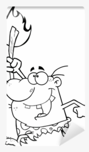 Black And White Happy Caveman Running With A Torch - Black