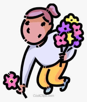 Girl Picking Flowers Royalty Free Vector Clip Art Illustration - Blumen Pflücken Clipart