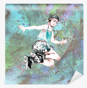 Boy In Roller Skates And Helmet Jumping, Hand Painted - Watercolor Painting