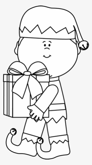 Black And White Elf With A Gift Clip Art Black And - Christmas Elf Clipart Black And White