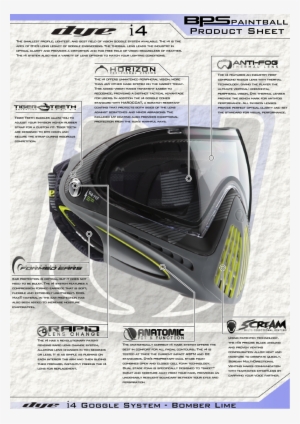 Dye I4 Paintball Goggle Mask Product Sheet - 2014 Dye Invision Goggle I4 Pro Mask - Bomber Lime