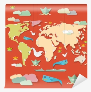 Retro Paper Vector World Map Illustration On Red Background