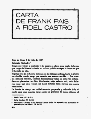 Carta De Frank Pais A Fidel Castro , Pensamiento Crítico, - Frank País