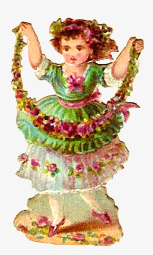 Vintage Image Girl With Pink Flowers Roses Dancing - Illustration