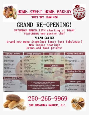 Bakery Opening, March - Menu Sweet Home Bakery