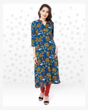 Anmi Women's Floral Print A-line Kurta - Blue