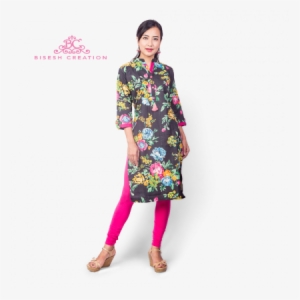Black Chikan Floral Printed Kurti With Pure Cotton - Kurta